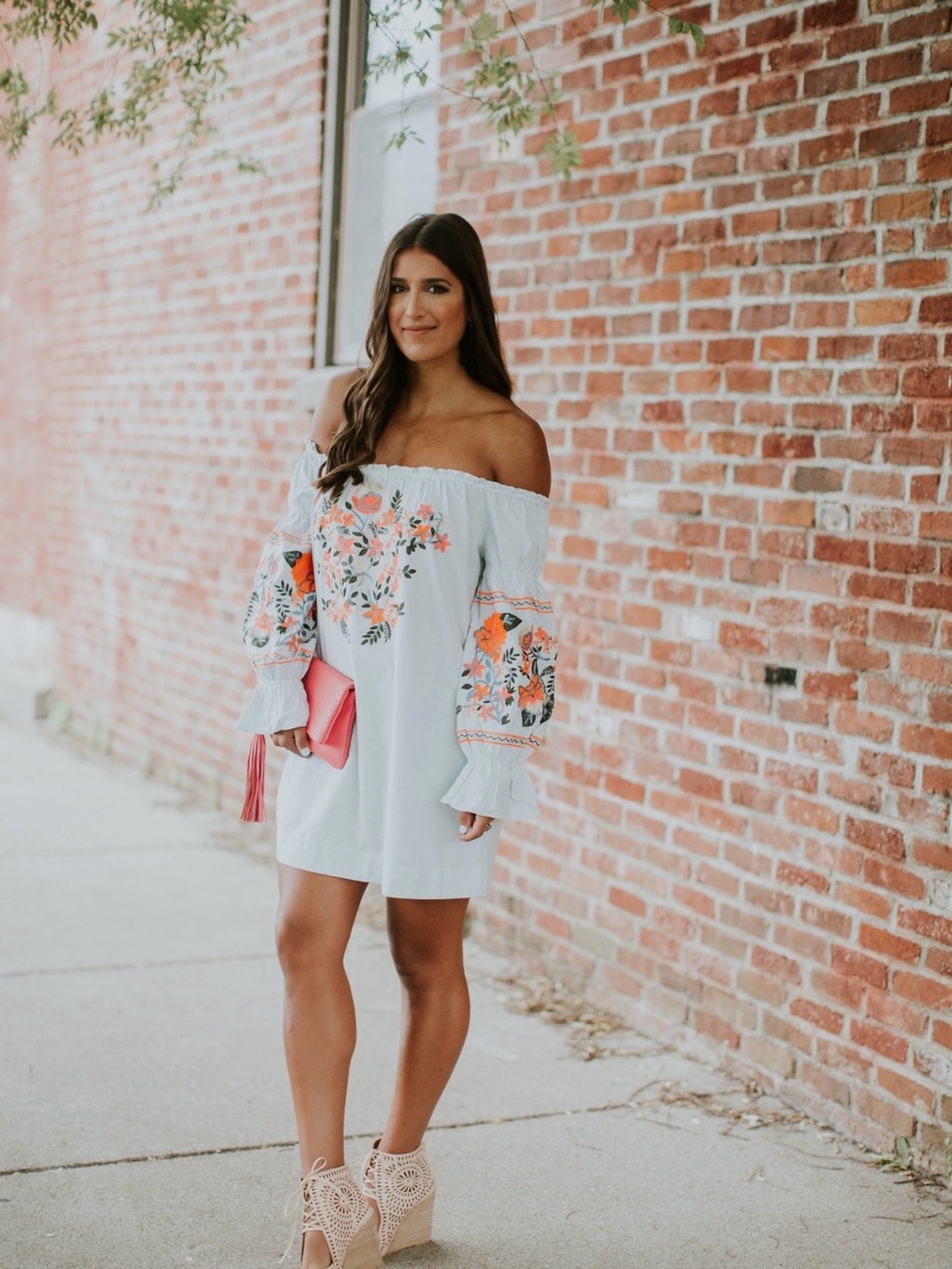 Free People light Blue Off-Shoulder Floral Embroidered Mini Dress